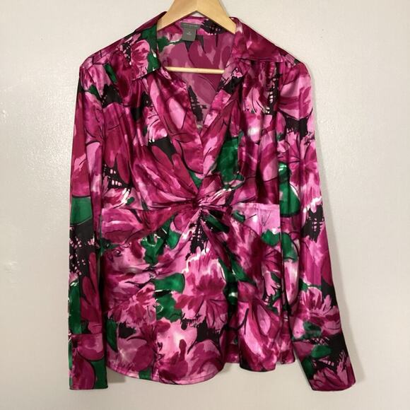 Ann Taylor Fuchsia Pink Floral Printed Blouse Silky V Neck Twist Front 14 - Picture 1 of 7